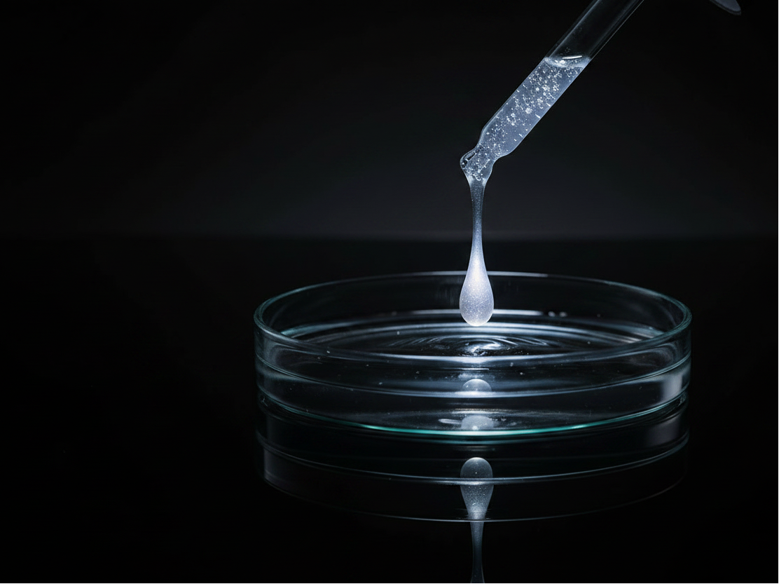 A clear glass dropper hovers above a round glass petri dish, releasing a single white liquid drop against a dark black background. DermaSkin RX science-led skincare formulas.